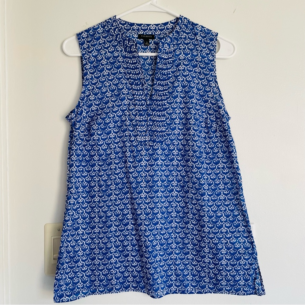 TALBOTS Blue & White Patterned Sleeveless Cotton Top
